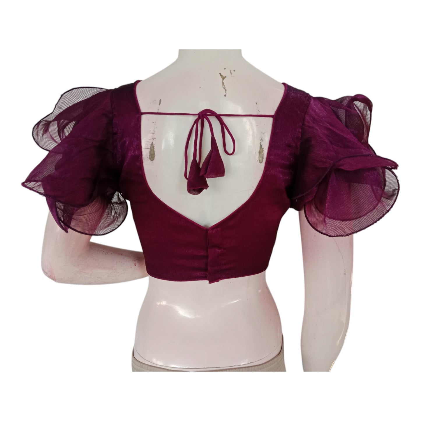 Luxury Plum Purple Color Designer Organza Ruffle Sleeve Saree Blouse