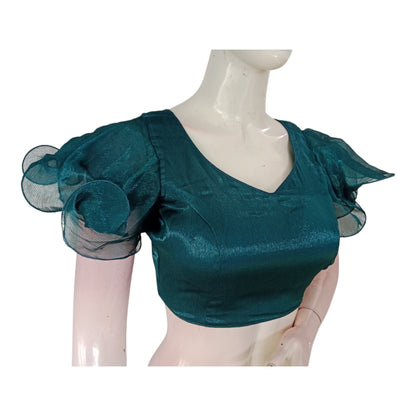 Unique Teal Blue Color Organza Ruffle Sleeve Saree Blouse | Versatile Indian Top