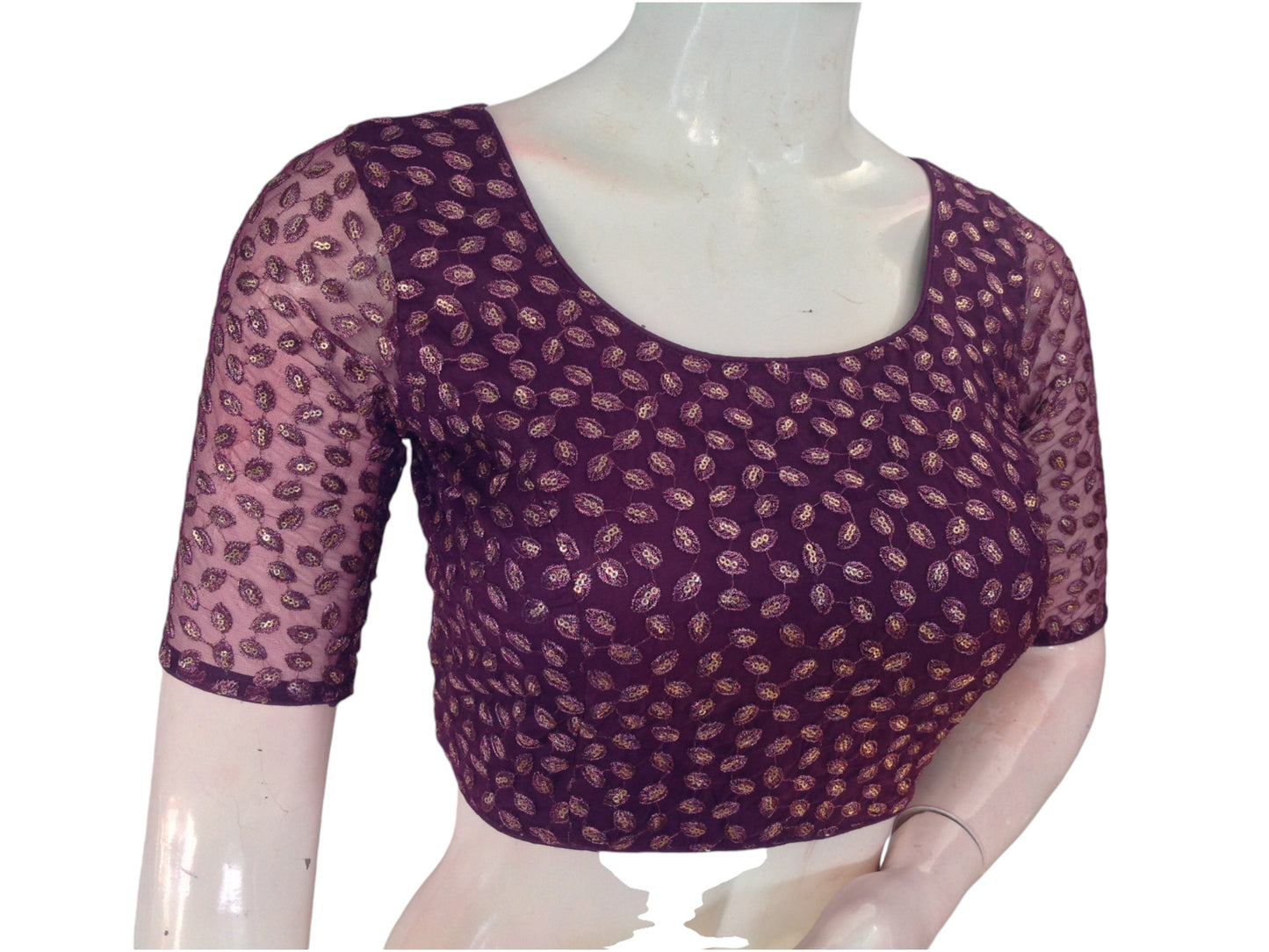 Dark Wine Elegance: Netted Designer Readymade Saree Blouse