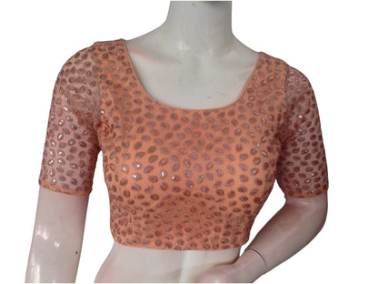 Peach Perfection: Netted Designer Readymade Saree Blouse