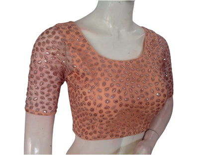 Peach Perfection: Netted Designer Readymade Saree Blouse