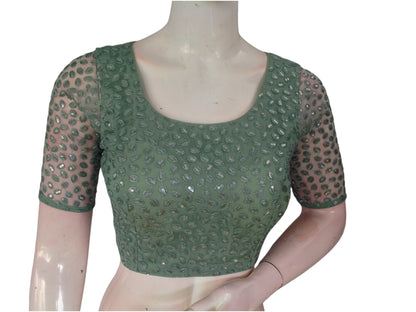 Pastel Green Serenity: Netted Designer Saree Blouse