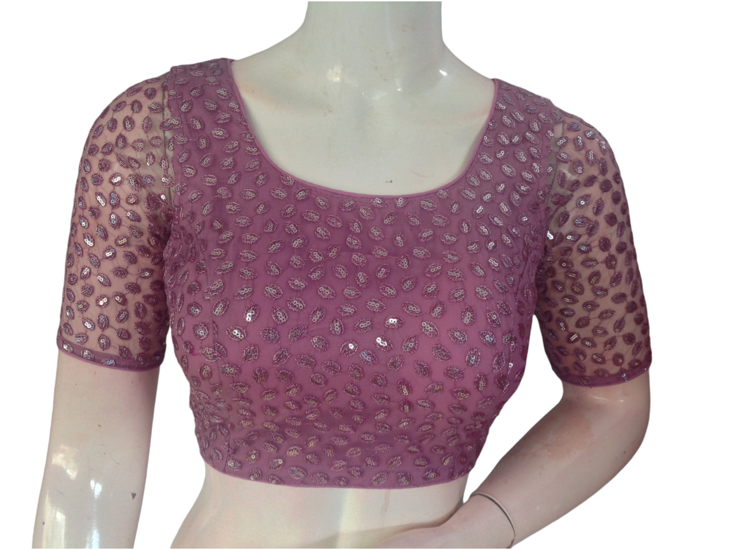 Dusty Pink Embroidered Netted Readymade Saree Blouse