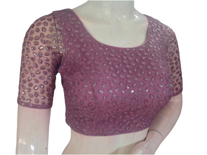 Dusty Pink Embroidered Netted Readymade Saree Blouse