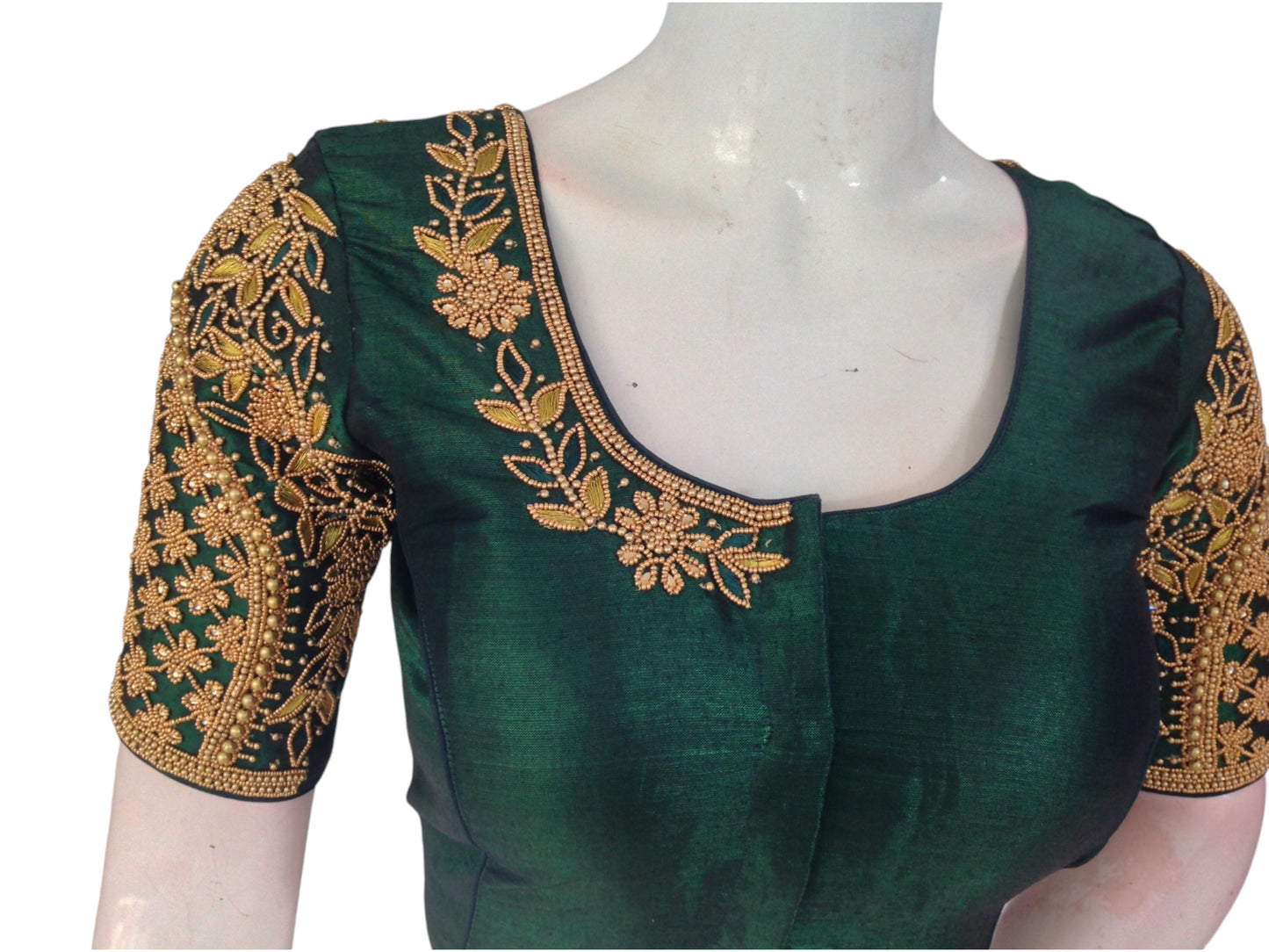 Luxurious Dark Green Tissue  Intricate Aari Handwork Blouse