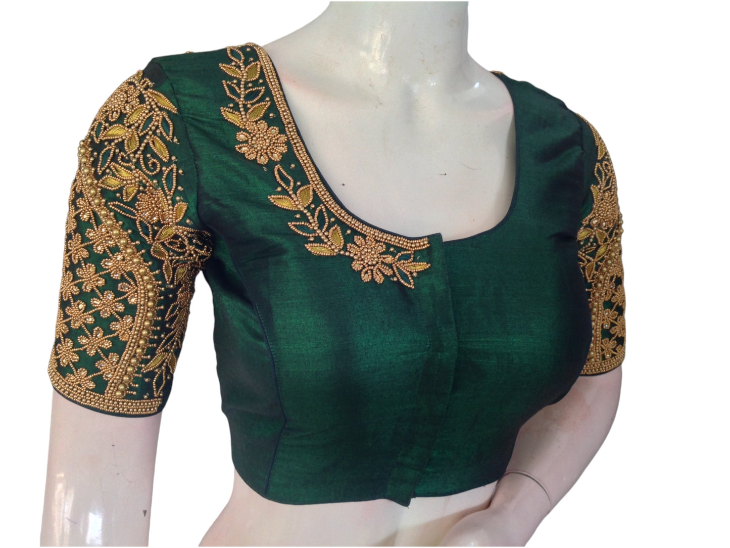 Luxurious Dark Green Tissue  Intricate Aari Handwork Blouse