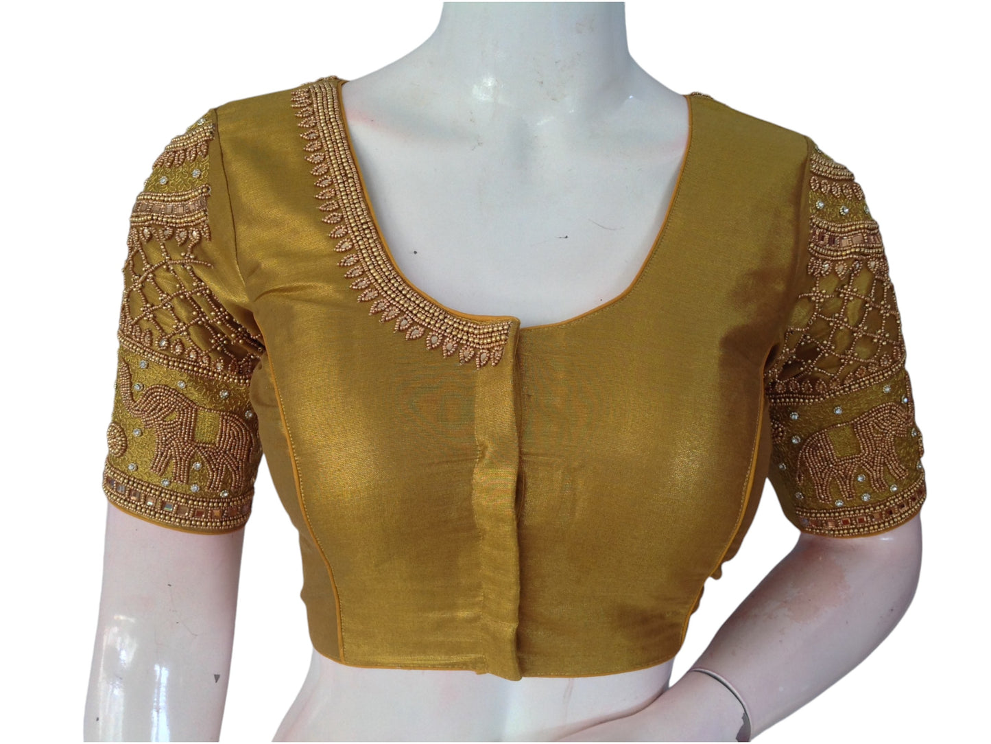 Golden Luxury: Tissue Mustard Aari Handwork Wedding Saree Blouse