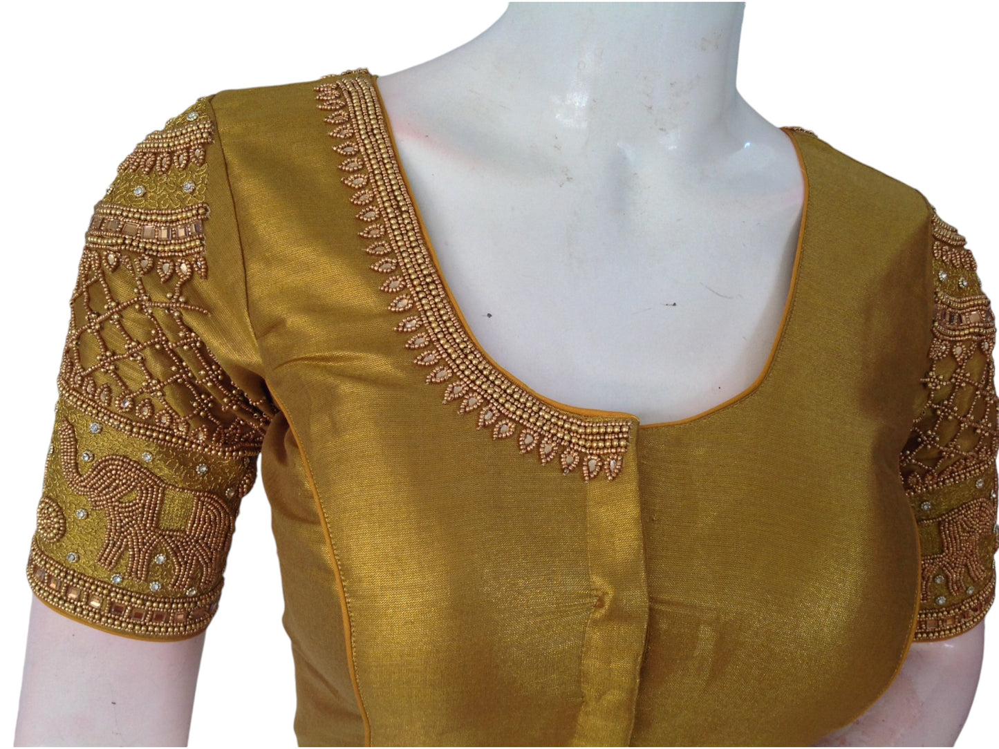 Golden Luxury: Tissue Mustard Aari Handwork Wedding Saree Blouse