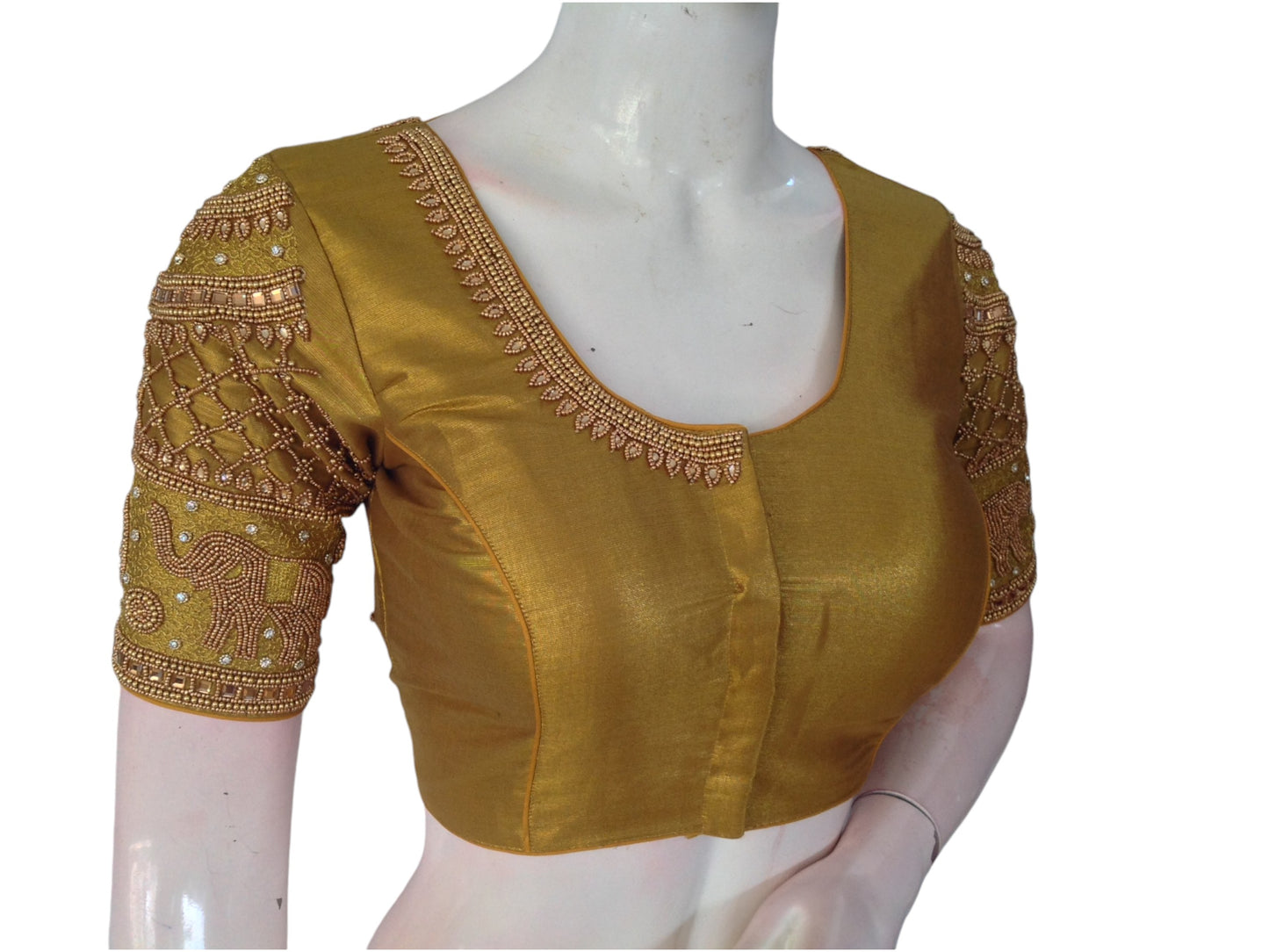 Golden Luxury: Tissue Mustard Aari Handwork Wedding Saree Blouse