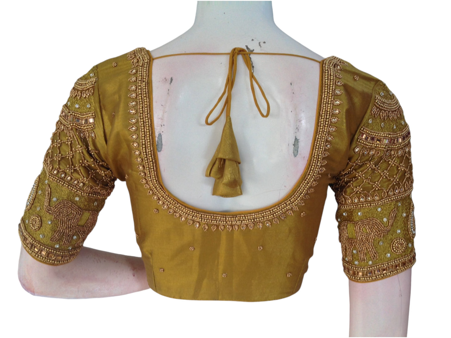 Golden Luxury: Tissue Mustard Aari Handwork Wedding Saree Blouse