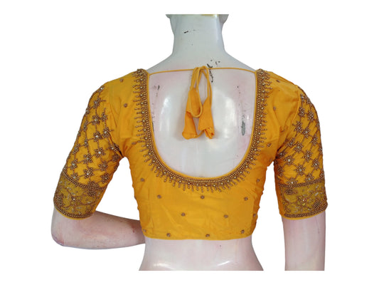 Sunshine Yellow Aari Handwork Bridal Silk Saree Blouse