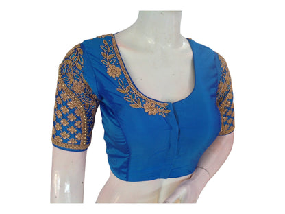 Serene Blue Aari Handwork Silk Saree Blouse for any occasion