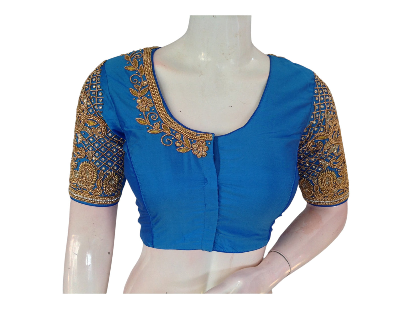 Azure Blue Aari Handwork Bridal Silk Saree Readymade Blouse