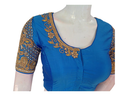 Azure Blue Aari Handwork Bridal Silk Saree Readymade Blouse