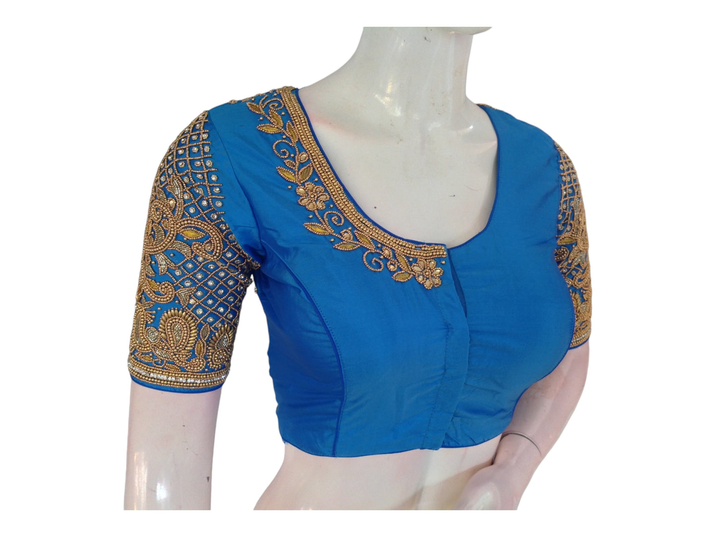 Azure Blue Aari Handwork Bridal Silk Saree Readymade Blouse