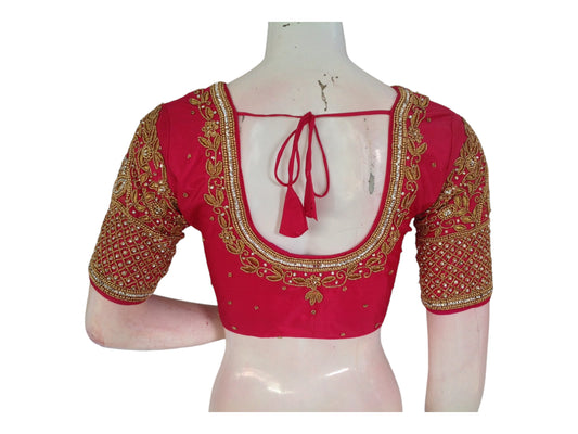 Berrylicious Pink Wedding Aari Handwork Silk Saree Blouse