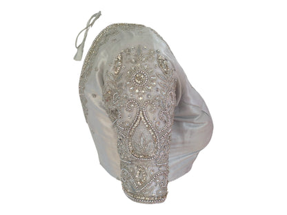 Metallic Marvel: Silver Tissue Aari Handwork Wedding Saree Blouse