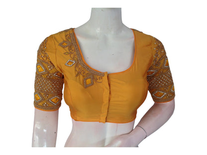 Golden Mustard Aari Handwork Silk Saree Blouse For Traditional Collection