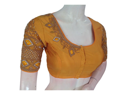 Golden Mustard Aari Handwork Silk Saree Blouse For Traditional Collection