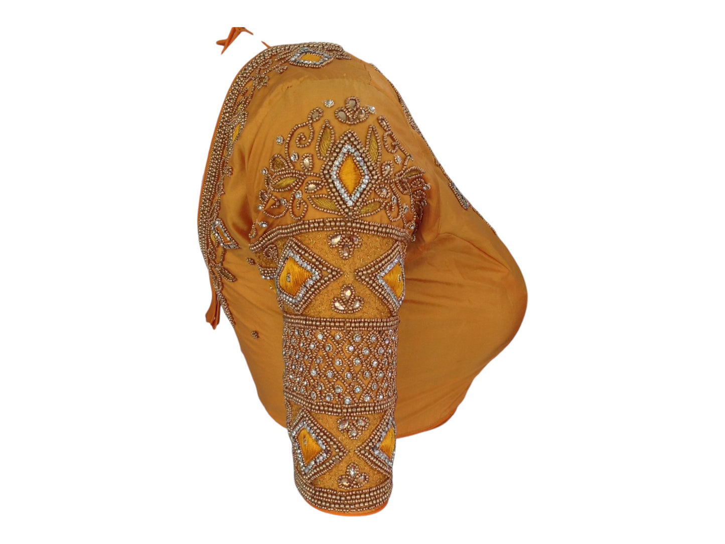 Golden Mustard Aari Handwork Silk Saree Blouse For Traditional Collection