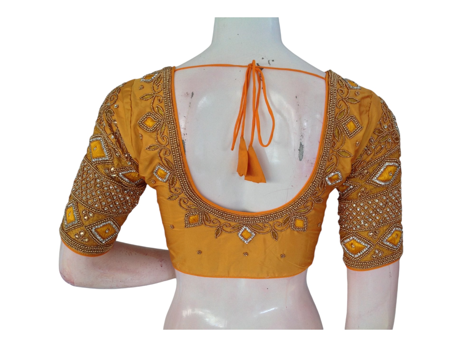 Golden Mustard Aari Handwork Silk Saree Blouse For Traditional Collection