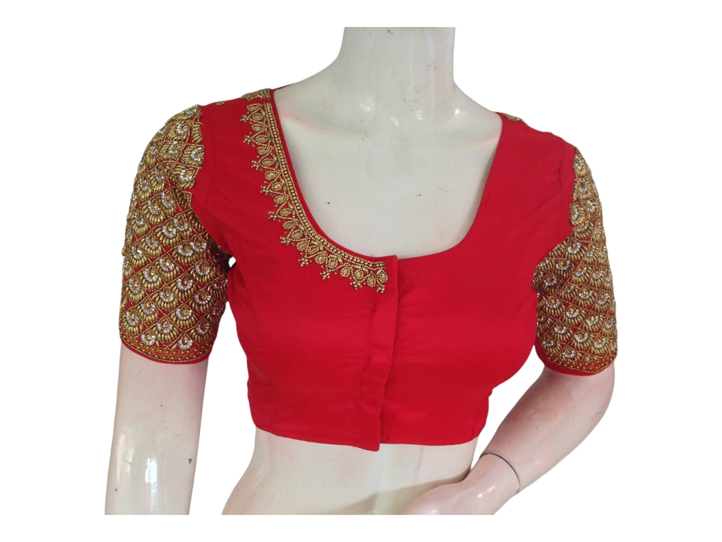 Ruby Red Aari Embroidered Silk Saree Blouse For Wedding