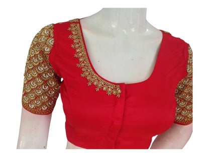 Ruby Red Aari Embroidered Silk Saree Blouse For Wedding