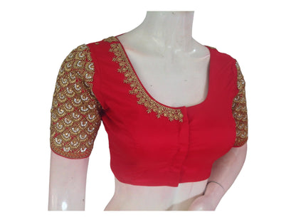 Ruby Red Aari Embroidered Silk Saree Blouse For Wedding