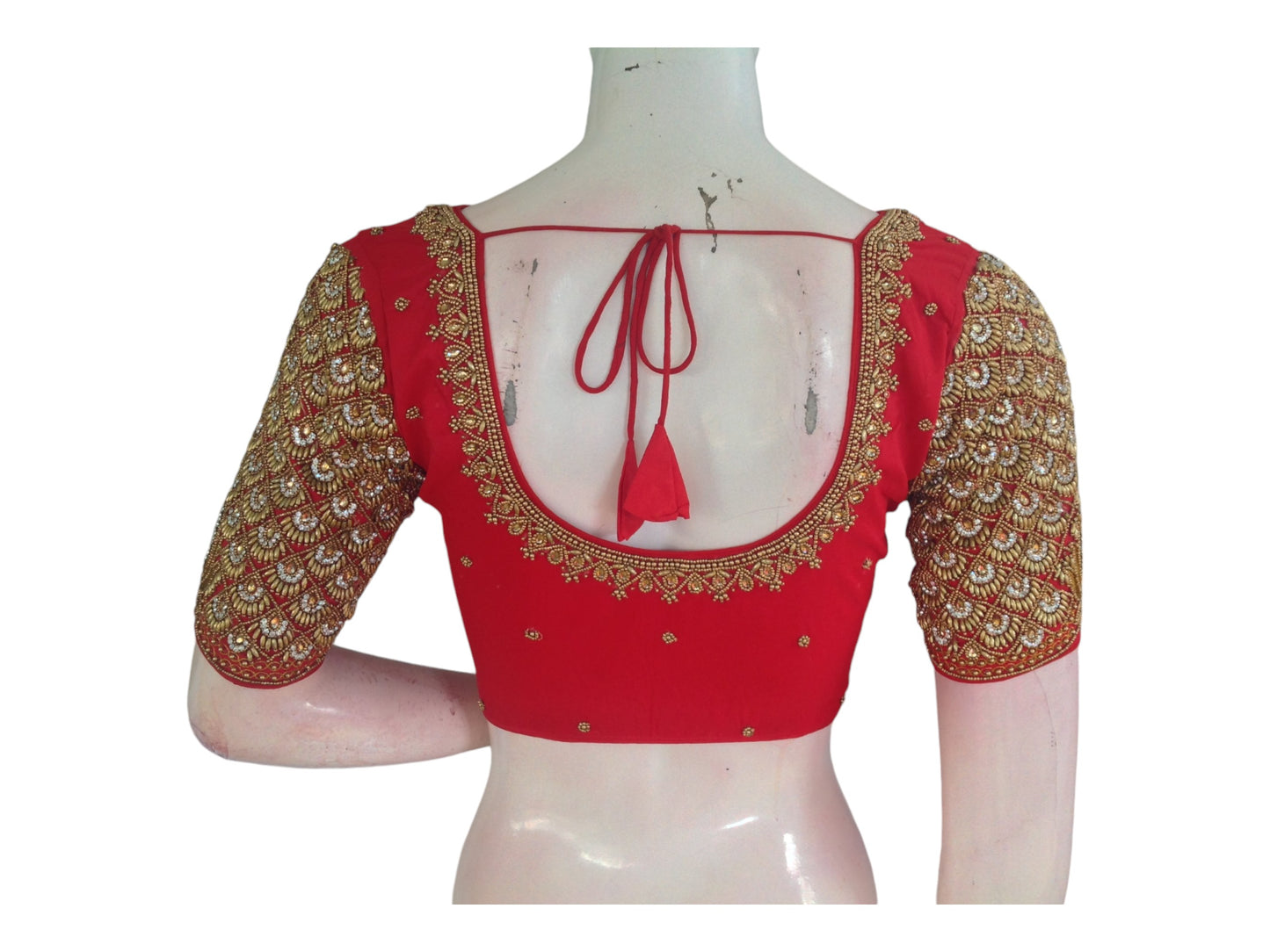 Ruby Red Aari Embroidered Silk Saree Blouse For Wedding 