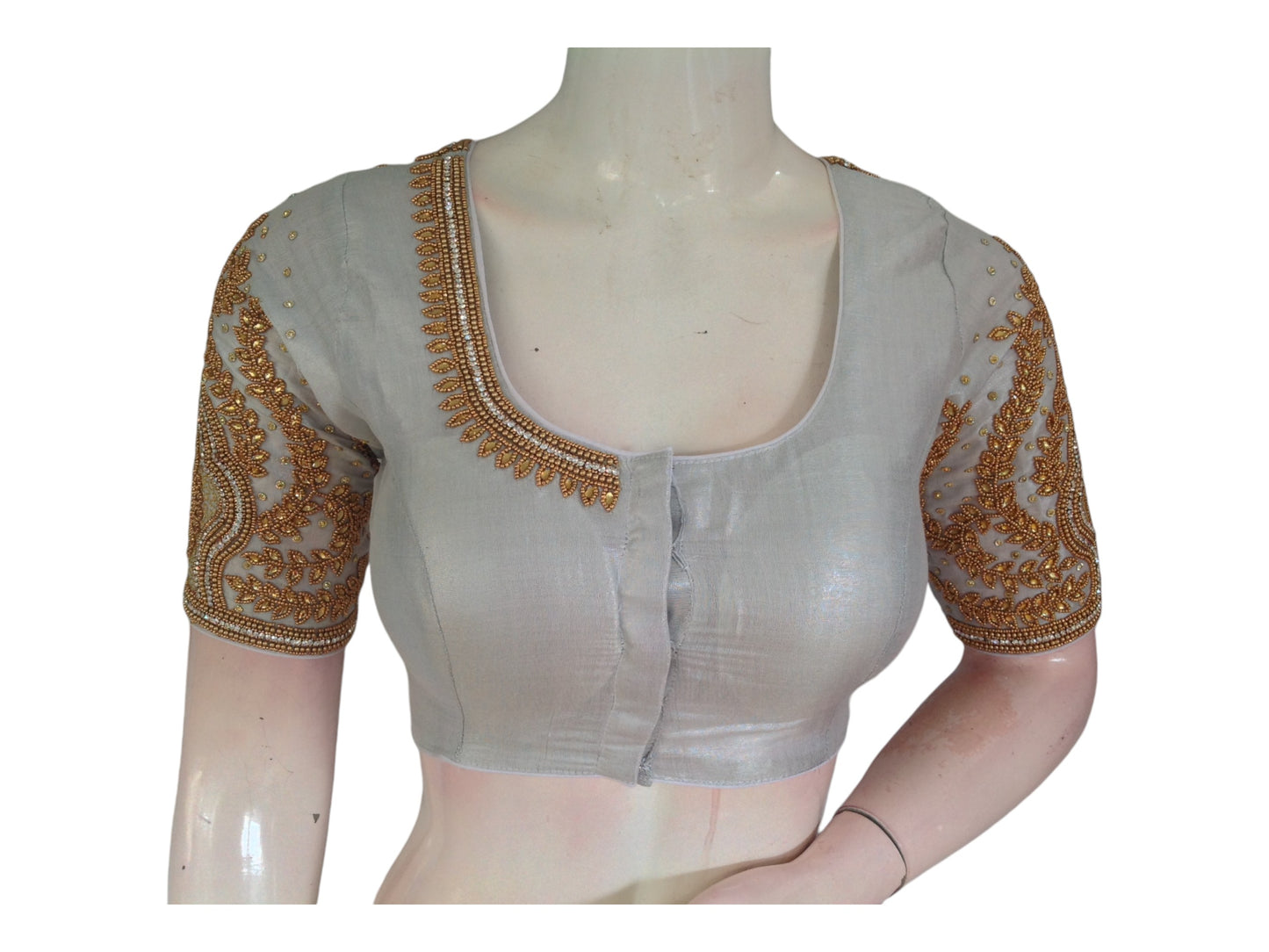 Shimmering Silver Tissue Blouse with Gold Beads Aari Handwork