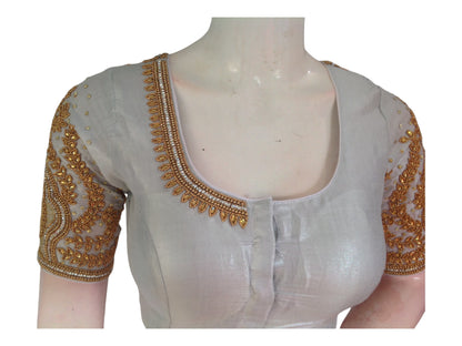 Shimmering Silver Tissue Blouse with Gold Beads Aari Handwork