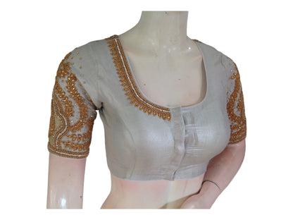 Shimmering Silver Tissue Blouse with Gold Beads Aari Handwork