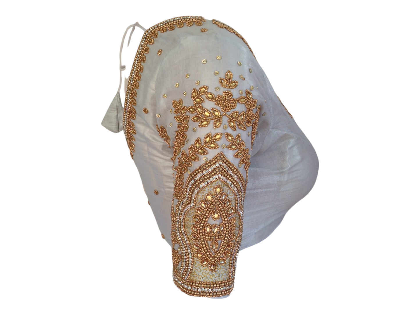 Shimmering Silver Tissue Blouse with Gold Beads Aari Handwork