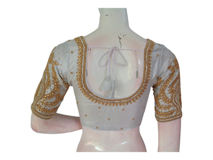 Shimmering Silver Tissue Blouse with Gold Beads Aari Handwork