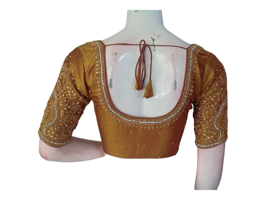 Luxurious Dark Gold Tissue Silk Aari Handwork Traditional Wedding Blouse 