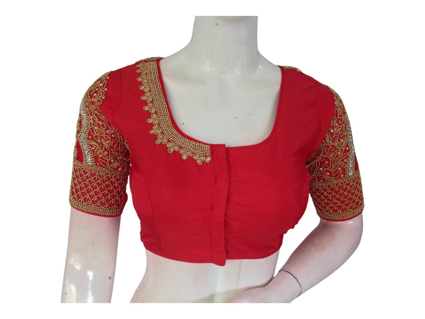 Radiant Red Aari Handwork Silk Saree Readymade Blouse for Weddings