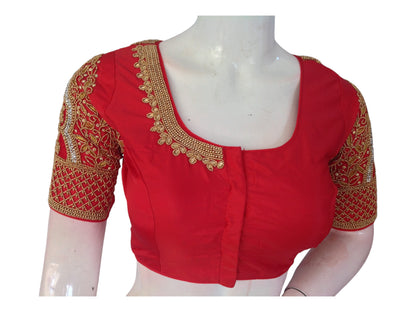 Radiant Red Aari Handwork Silk Saree Readymade Blouse for Weddings