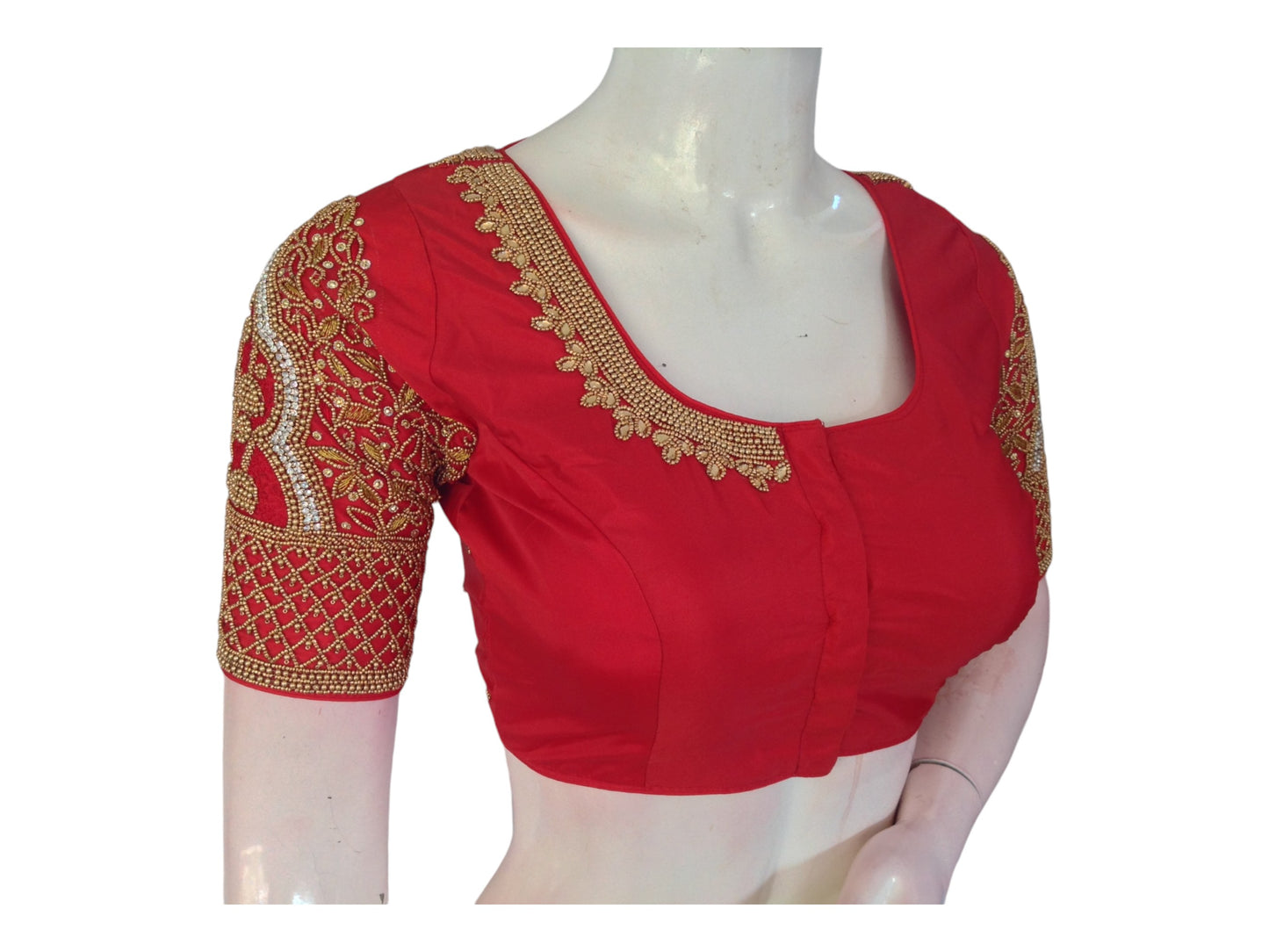 Radiant Red Aari Handwork Silk Saree Readymade Blouse for Weddings