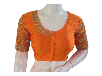 Vibrant Orange Aari Handwork Silk Saree Blouse: Perfect for Weddings