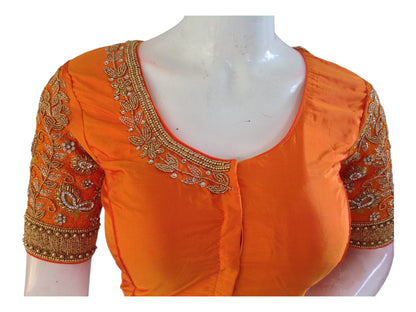 Vibrant Orange Aari Handwork Silk Saree Blouse: Perfect for Weddings