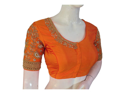 Vibrant Orange Aari Handwork Silk Saree Blouse: Perfect for Weddings