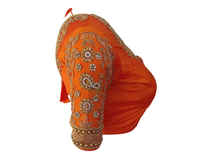 Vibrant Orange Aari Handwork Silk Saree Blouse: Perfect for Weddings