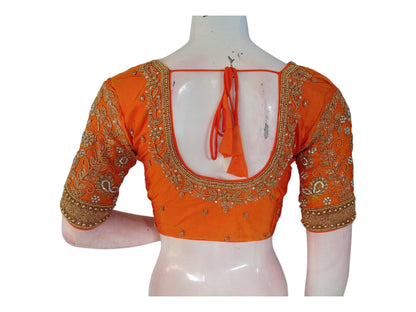 Vibrant Orange Aari Handwork Silk Saree Blouse: Perfect for Weddings