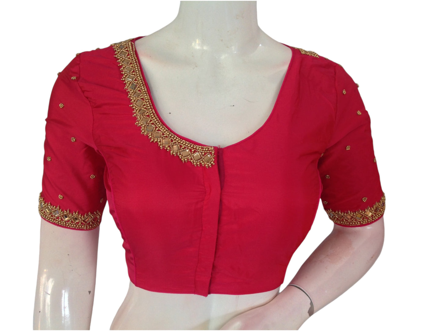 Berrylicious Raspberry Red Aari Handwork Silk Saree Blouse