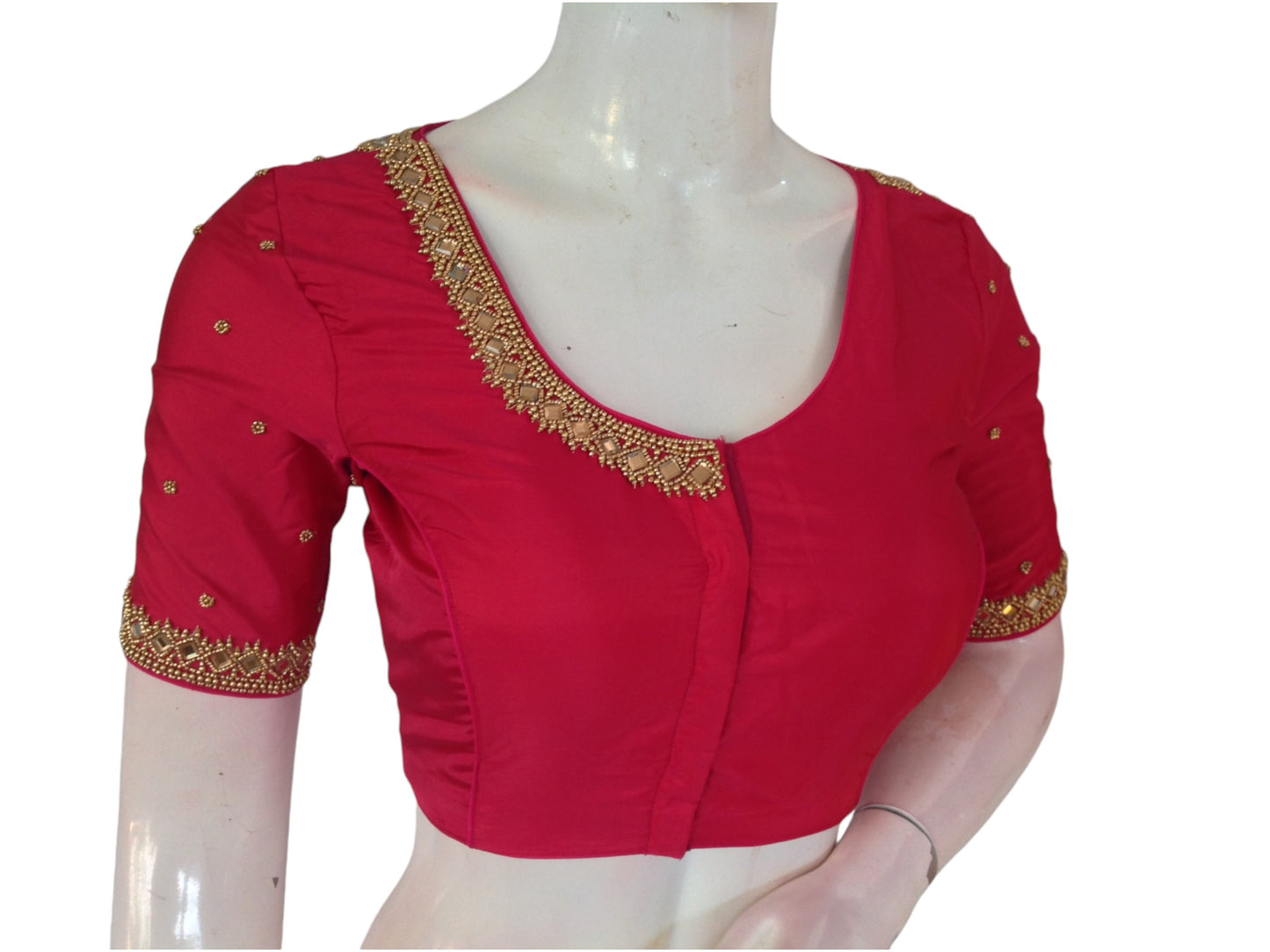 Berrylicious Raspberry Red Aari Handwork Silk Saree Blouse