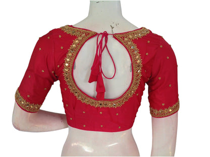 Berrylicious Raspberry Red Aari Handwork Silk Saree Blouse