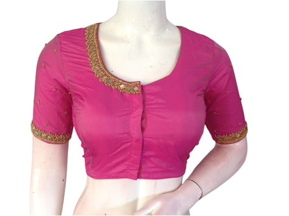 Radiant Magenta Mirror and Aari Handwork bridal Silk Saree Blouse