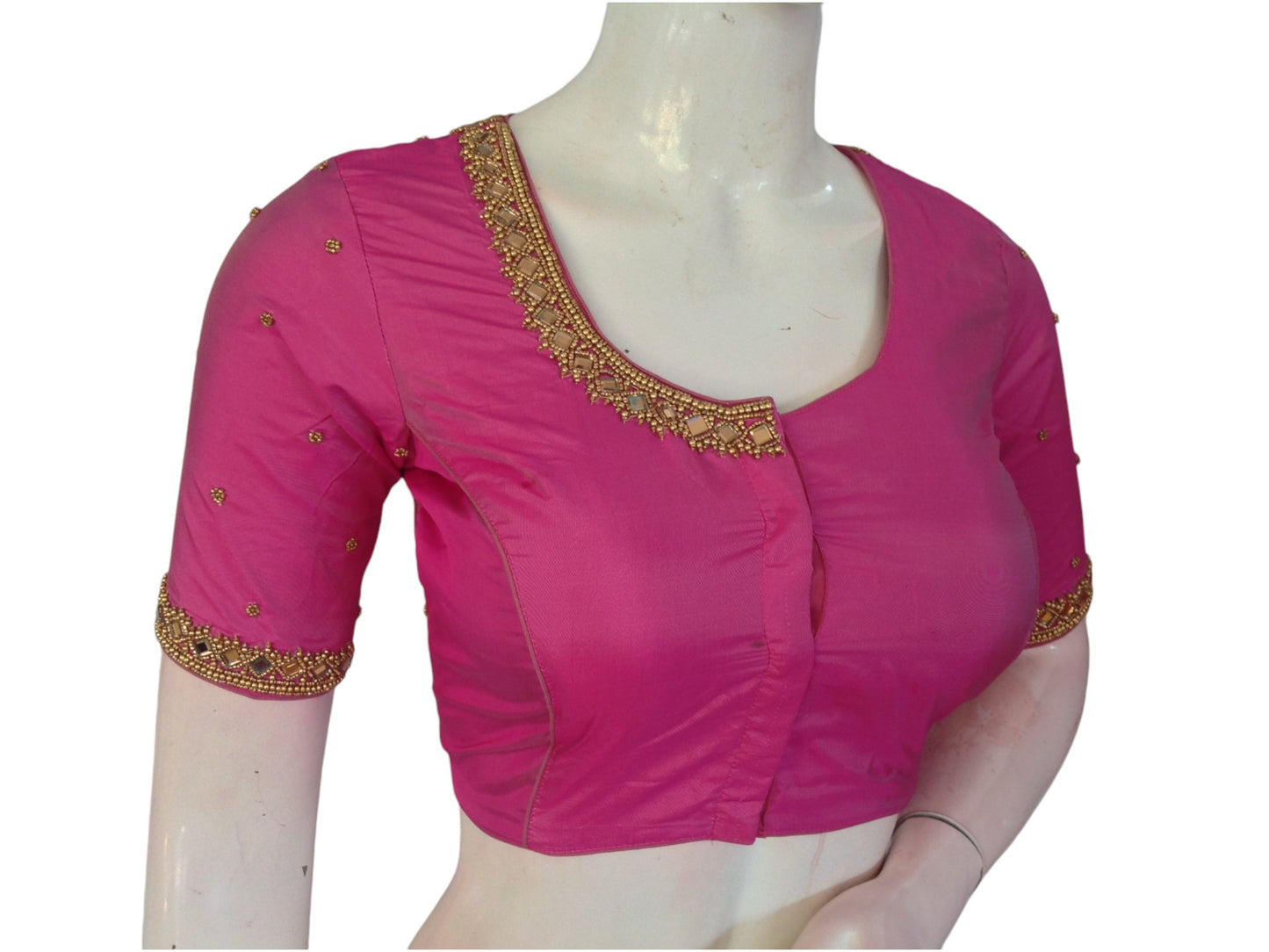 Radiant Magenta Mirror and Aari Handwork bridal Silk Saree Blouse