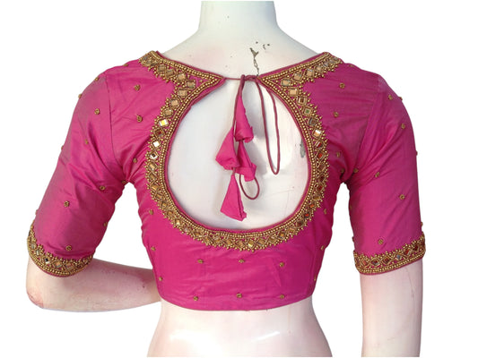 Radiant Magenta Mirror and Aari Handwork bridal Silk Saree Blouse