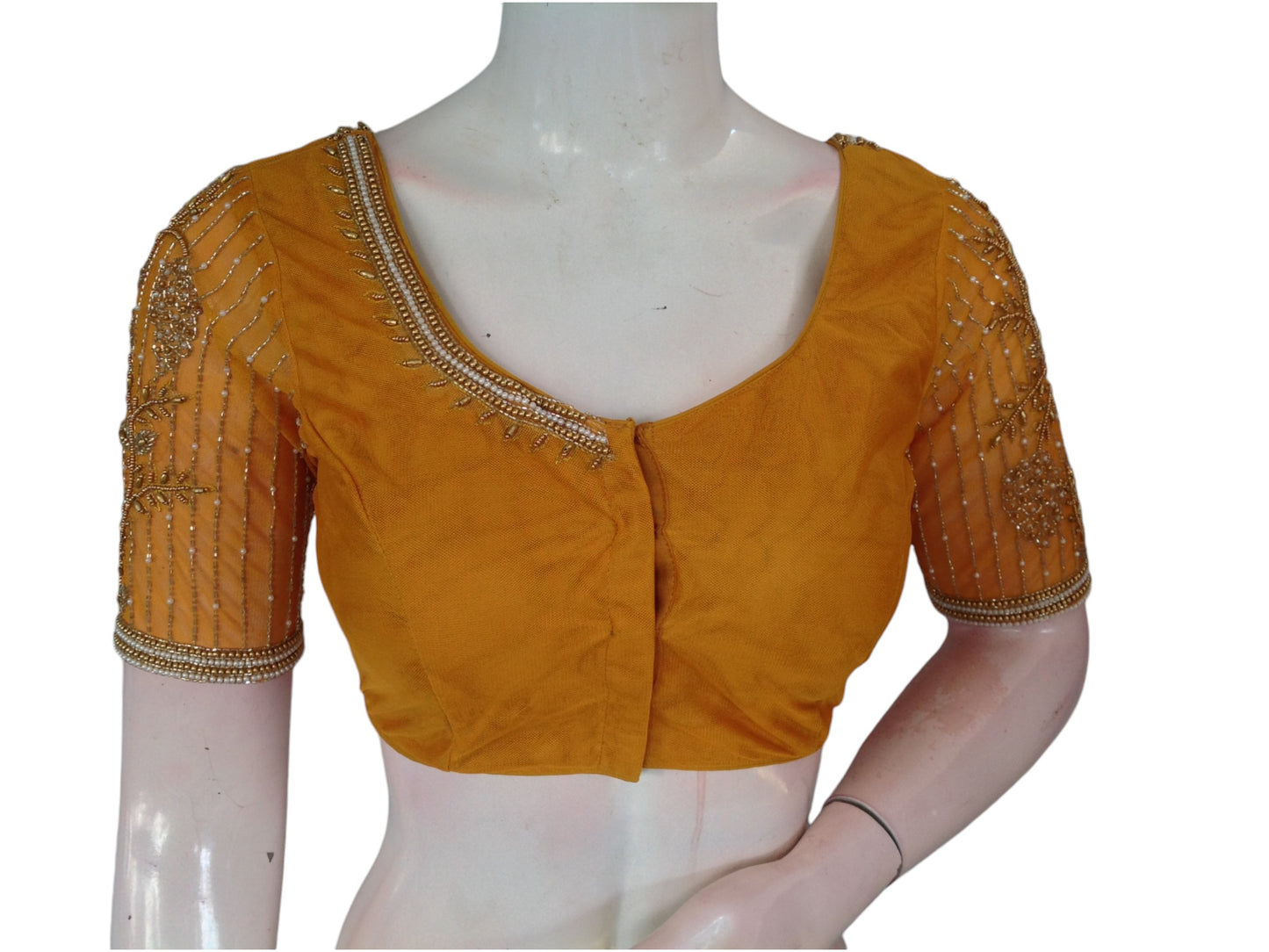 Mustard Yellow Color Designer Netted Aari Handwork Saree Blouses